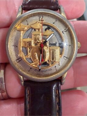 Gold Drum Set Dial Watch with Brown Leather Strap